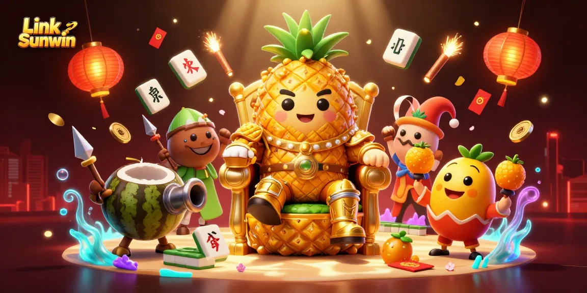 Join the action with Link Sunwin at this vibrant, engaging casino scene featuring the pineapple king and his fantastical companions.