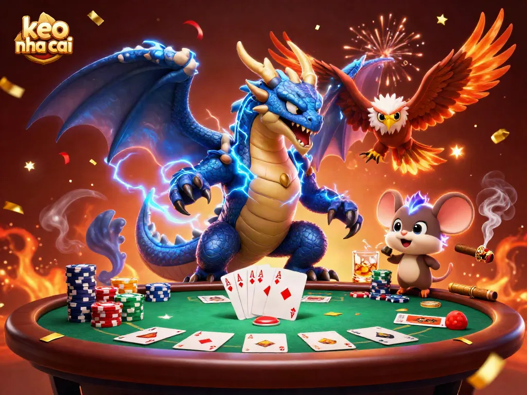 Engage in thrilling gameplay with keo nha cai, featuring electric dragon and colorful poker elements in a vibrant scene.