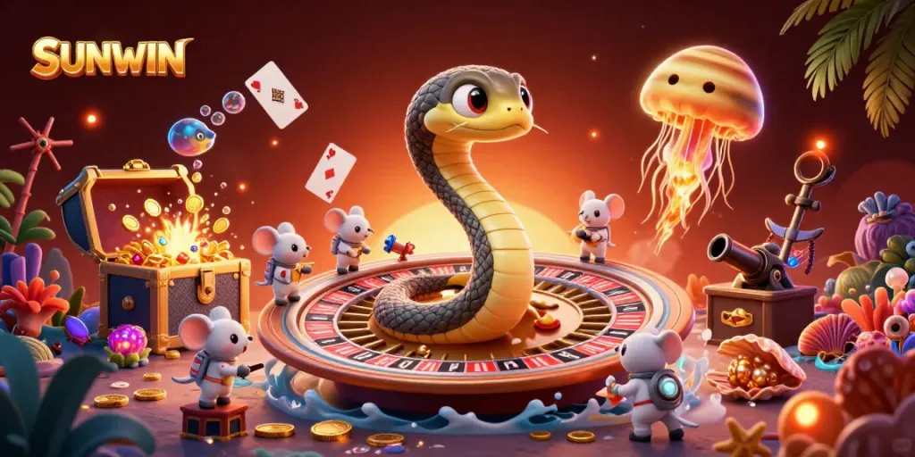 Experience the thrilling atmosphere of SUNWIN with cartoon elements embracing casino excitement and vibrant visuals.