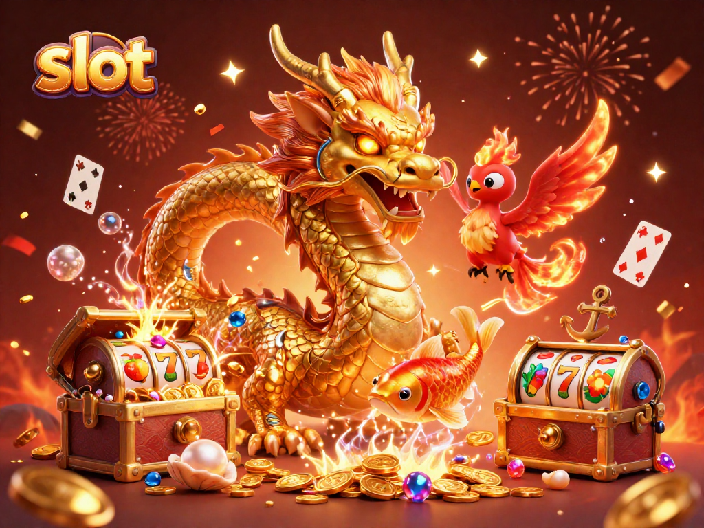 Experience thrilling slot excitement with a fierce dragon, a phoenix, and coins cascading down.