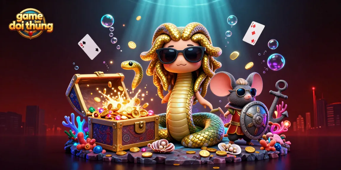 Cute Medusa and a warrior mouse celebrating game bai doi thuong with treasure and magical elements.