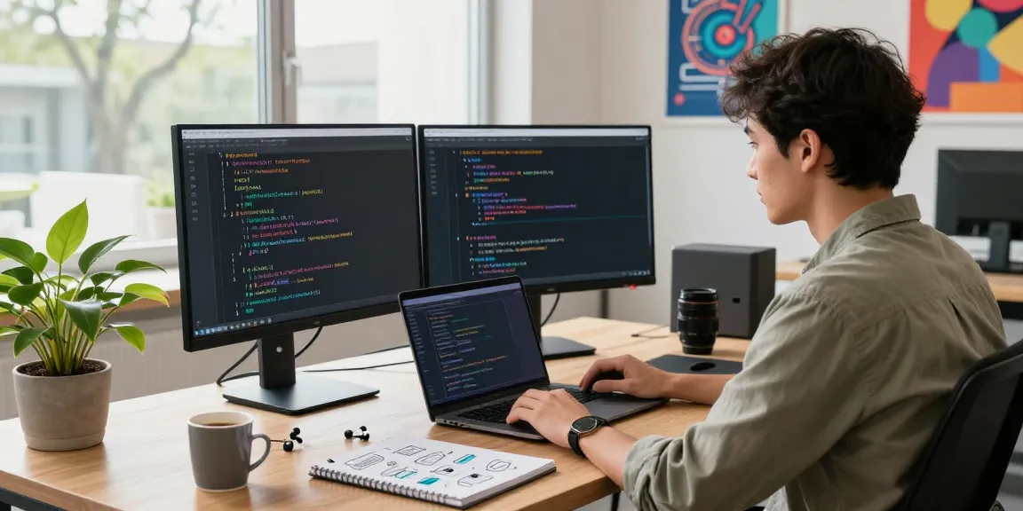 Developer working on AI chatbot code in a modern tech workspace with vibrant atmosphere.