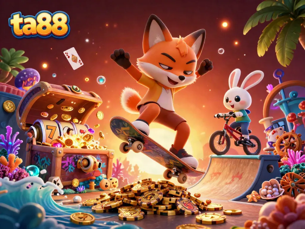 Experience thrilling action with ta88 as a fox and rabbit perform casino tricks over golden poker chips.