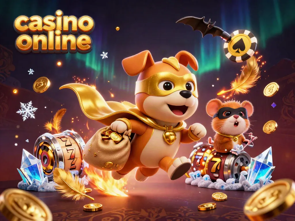 Engage in casino online thrills with a superhero dog and a hamster as they soar through a vibrant, dynamic scene.