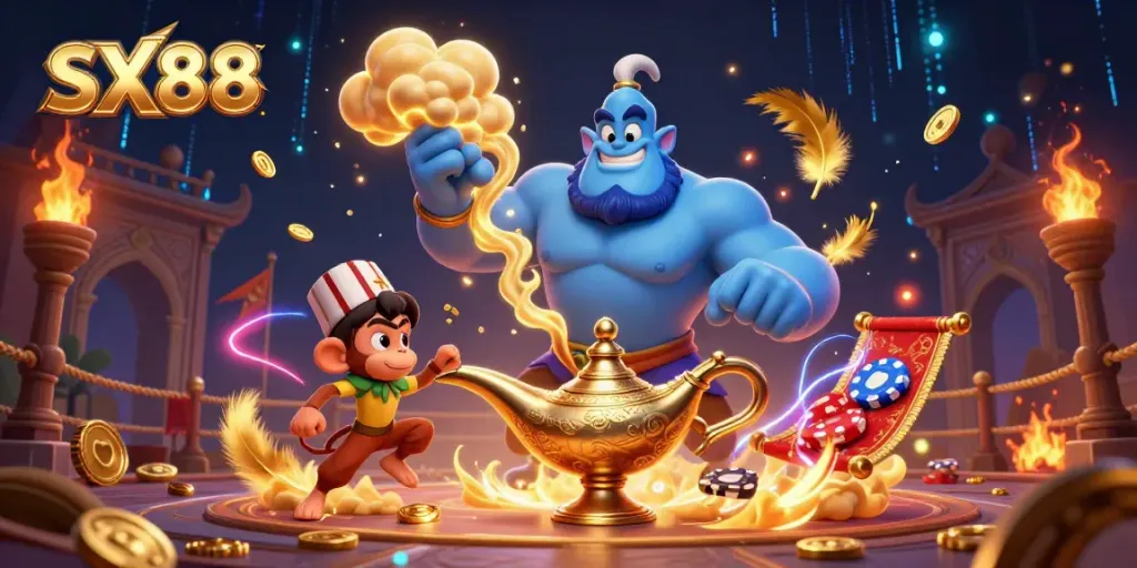 SX88 captures the thrill of casino gaming with vibrant characters and magical elements in an engaging scene.