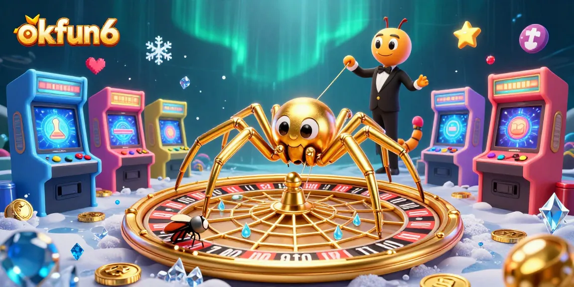 Experience thrilling gameplay at okfun6 with a golden spider spinning a roulette wheel web.