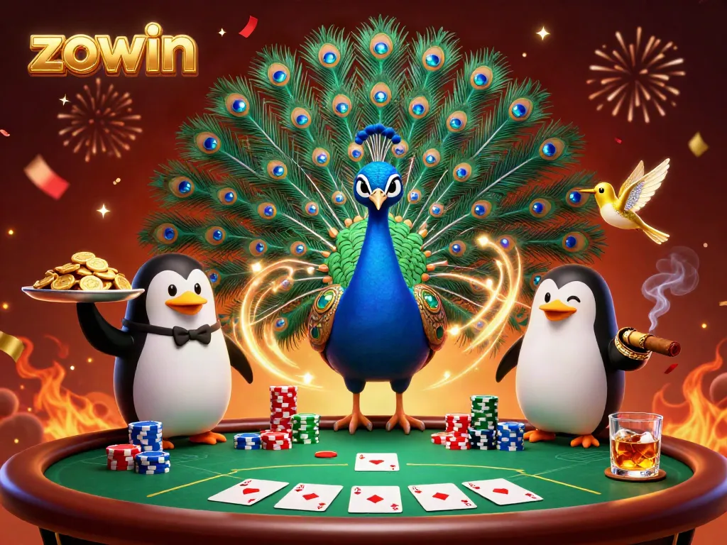 Zowin casino illustration showcasing a peacock with poker elements and confetti