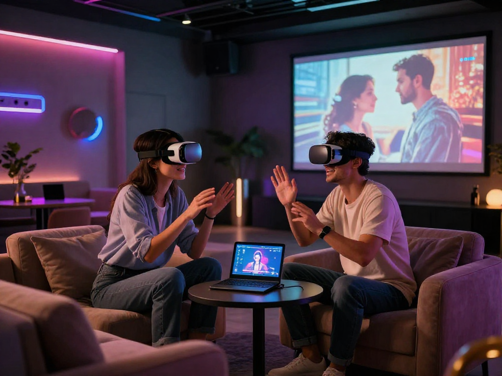 Couple exploring AI sex technology in a modern lounge.
