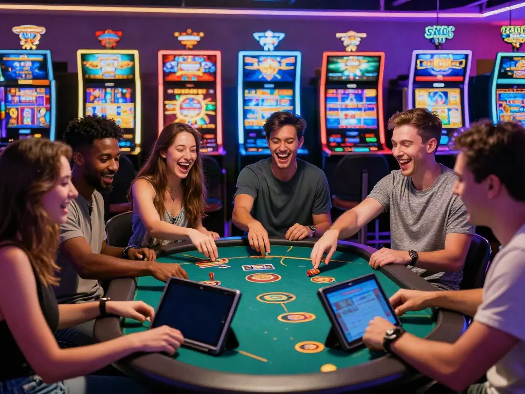 GEM88 mobile gaming experience with friends enjoying diverse casino games and vibrant slot machines.