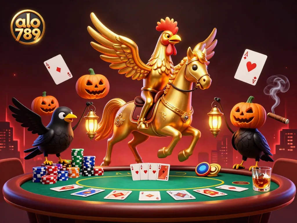 Experience excitement at alo 789 with a vibrant casino scene featuring a golden rooster headless horseman in action.