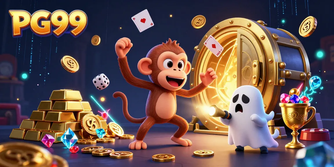 Experience thrilling moments at PG99 casino with a ghostly monkey juggling golden treasures in a haunted setting.