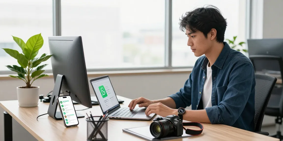 Engaging scene of a professional utilizing WhatsApp下載 on a laptop in a vibrant tech workspace.
