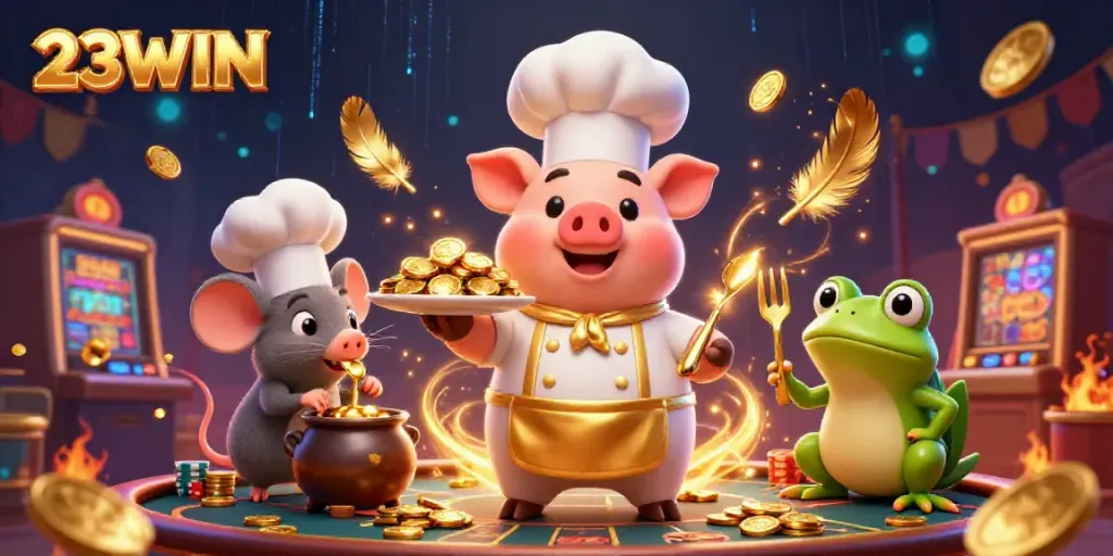 Join the thrilling adventure of 23WIN as the chef pig serves up gold coins in a vibrant casino setting.