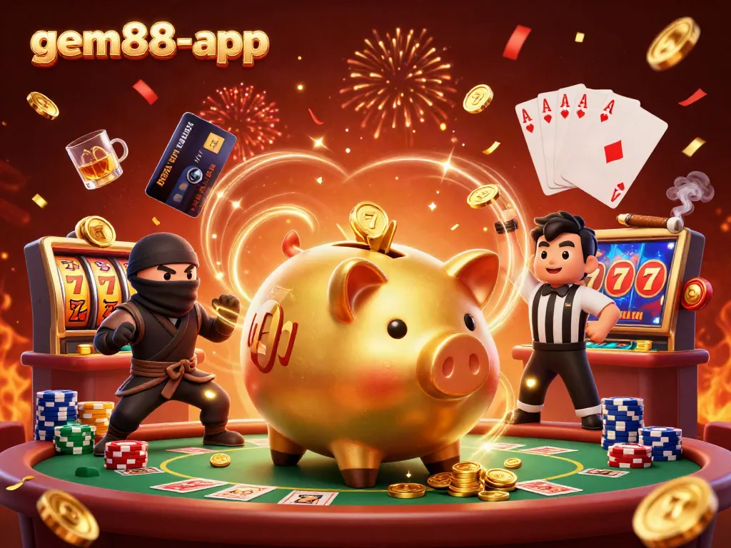 Join the excitement at gem88-app with thrilling slot action featuring a golden piggy bank and dynamic casino elements.