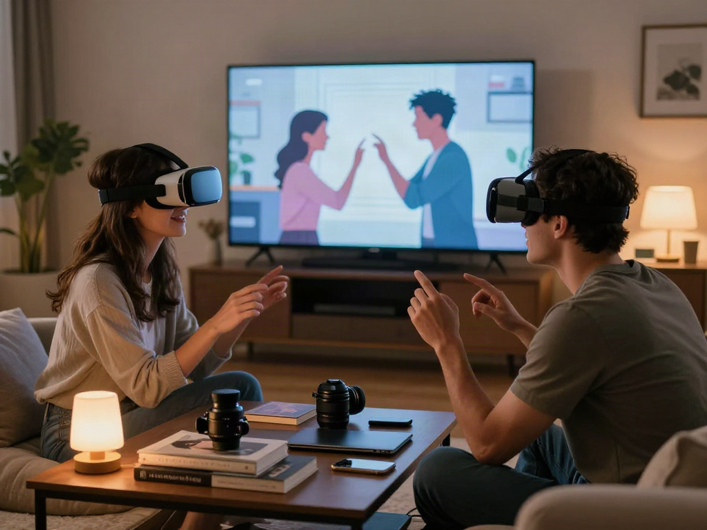 Couple engaging with AI technology exploring ai sex in a cozy, intimate setting.