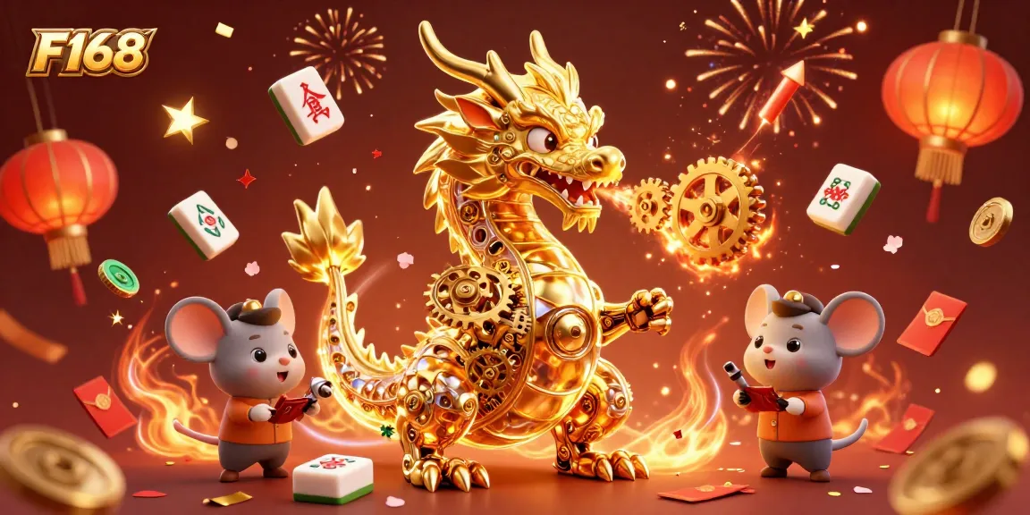 Experience gaming excitement at F168 with a golden dragon and colorful casino elements.