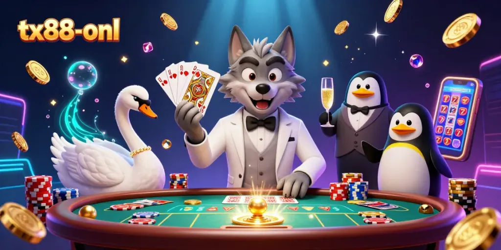 Experience thrilling gameplay at tx88-onl with a charming wolf and swan at the baccarat table.