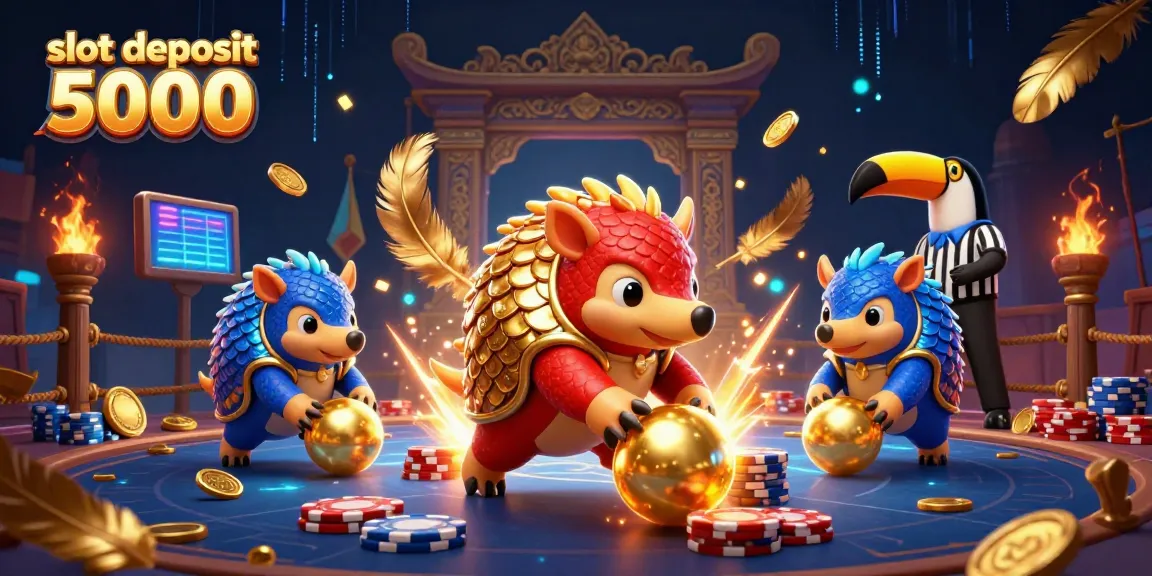 Spin and win with slot deposit 5000 in this vibrant 3D gambling scene featuring playful pangolins.