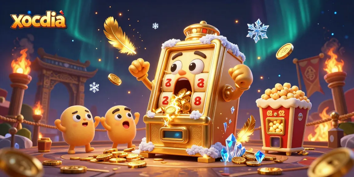 Xocdia slot machines celebrate a jackpot in a vibrant casino scene filled with gold coins and cheering characters.