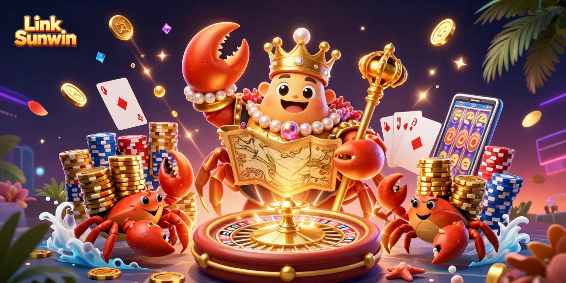 Engage with the thrilling Link Sunwin experience, featuring a golden crab emperor amidst scenic casino visuals.