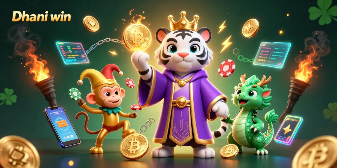 Dhani win players enjoy exciting games with the white tiger and monkey in a vibrant casino scene.