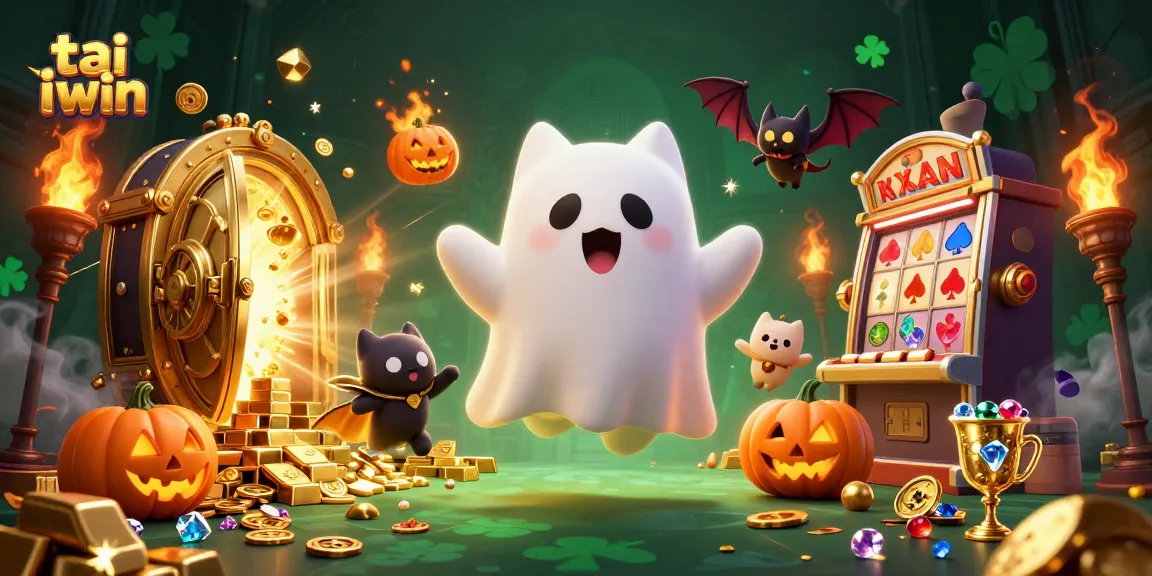 Experience the excitement of tai iwin with a vibrant scene of a ghost cat and glowing treasures in a haunted casino.